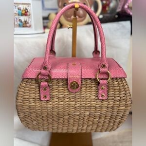 kate spade Pink Top Handle Woven Satchel basket picnic raffia bag